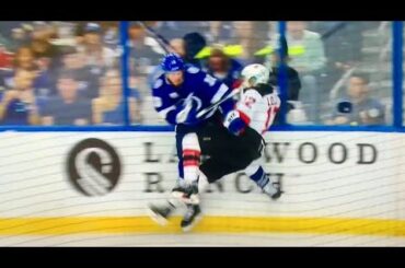 J.T. Miller brings the pain vs. Ben Lovejoy! NJ Devils at TB Lightning Game 2 - 2018 NHL Playoffs