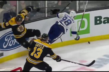 David Pastrňák misses hit on Mikhail Sergachev