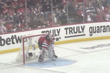 NJ Devils Vitek Vanecek Does A Routine At Stoppage In Play IN ARENA CAM vs. Hurricanes Game 3