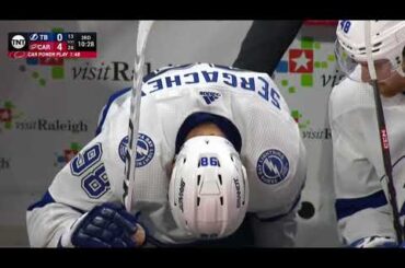 Mikhail Sergachev blocks Necas shot with his knee and crawls to the bench (5 mar 2023)