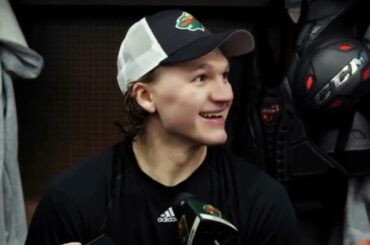 Forward Kirill Kaprizov talks to media after practice on Friday / 6/01/23