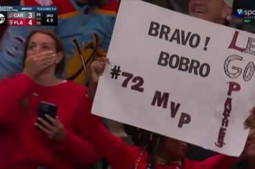 Sergei Bobrovsky stops Aho's shot with his mask in game 4 vs Hurricanes (2023)