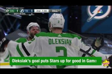 Jamie Oleksiak's goal puts Dallas Stars up for good in Game 1 of the Stanley Cup Finals