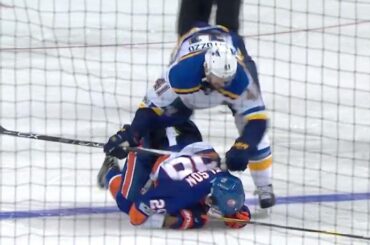 Bortuzzo loses it and repeatedly cross-checks Nelson while he's down