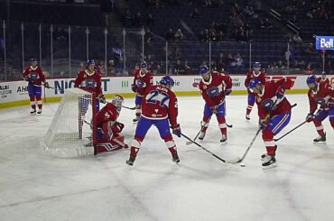Laval Rocket players finish their warmup by scoring on Keith Kinkaid 1/22/20