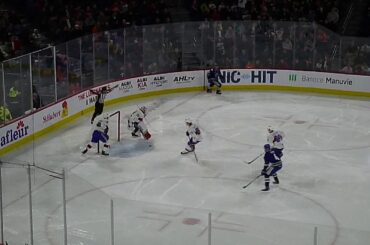 Laval Rocket's Charlie Lindgren just barely stops Utica Comets' Reid Boucher on a breakaway 11/23/19