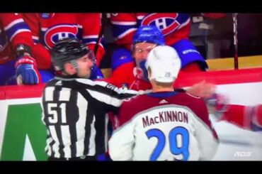Nathan MacKinnon goes after Kaiden Guhle after receiving tripping penalty