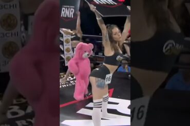 Ring girl gets tackled by her dwarf girlfriend in a teddy bear costume at RNR #boxing