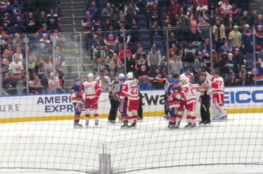 Oliver Wahlstrom collides with Thomas Greiss March 24 2022 Red Wings at Islanders UBS Arena