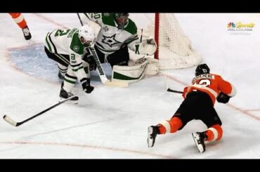 Shayne Gostisbehere dives, beats Ben Bishop on power play
