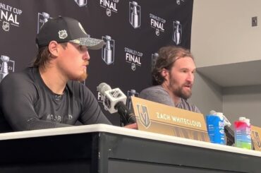 Mark Stone and Zach Whitecloud talk after the Golden Knights wins Game 1 of the Stanley Cup Final.