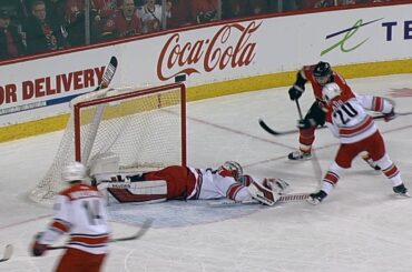 Petr Mrazek pushes across to rob Mark Giordano