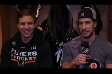 Michael Del Zotto talks to team Foodie, Brayden Schenn