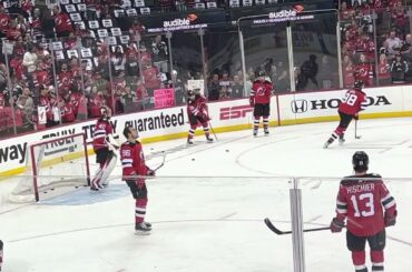 Akira Schmid NJ Devils Faces Shorts During Warmups Before Game 4 vs. Carolina Hurricanes