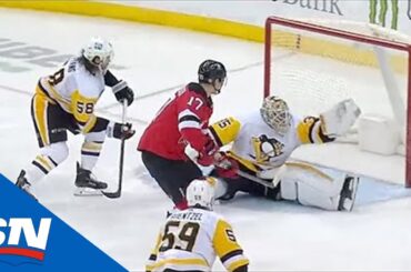 Tristan Jarry Makes Sprawling Glove Save To Rob Yegor Sharangovich