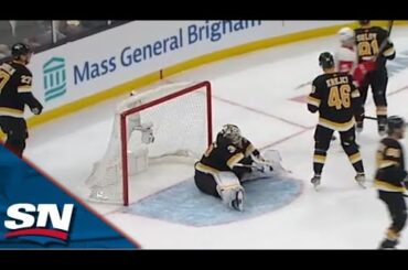 Bruins' Linus Ullmark Flashes The Leather And ROBS Red Wings' Alex Chaisson's Point-Blank Shot