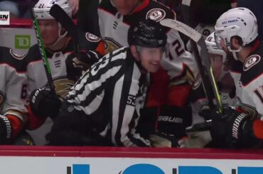 Linesman got dumped into Anaheim Duck's Bench