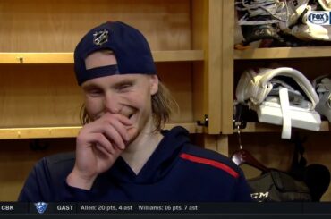 Joonas Korpisalo jokes about teammates being extra goaltenders | BLUE JACKETS-BLUES POSTGAME