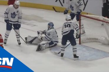 Frederik Andersen Makes Big Glove Save On Red Wings While Sitting On The Ice