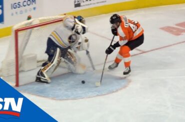 Goaltender Carter Hutton Misplays Puck In Crease Giving Joel Farabee Easy Goal