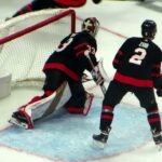 Cam Talbot in action during the during the Flyers @ Senators hockey game