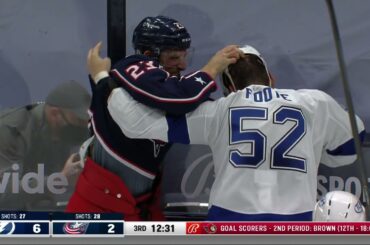 Stefan Matteau Big Hit on Mikhail Sergachev and Fight vs. Cal Foote (Apr. 8, 2021)