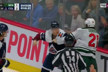 Nathan MacKinnon fights after Bowen Byram hit from behind #Avs