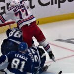 Frank Vatrano Crashes into Andrei Vasilevskiy on the Drive to the Net