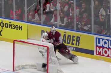 Elvis Merzļikins Big Hit on Kevin Fiala (2019 WC Preliminary Round)