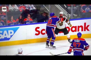 Evander Kane goes after Alex Pietrangelo at the end of the period and a scrum ensues