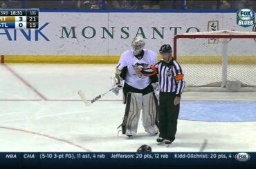 Alex Pietrangelo breaks Thomas Greiss' stick. Pittsburgh Penguins vs St. Louis Blues Feb 21 2015 NHL