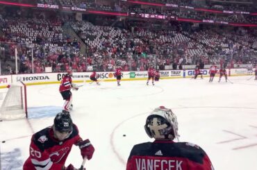 NJ Devils ON THE GLASS Akira Schmid Warming Up Before Game 5 vs. NY Rangers
