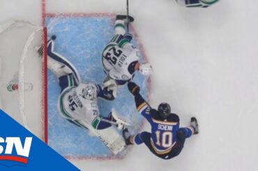 Jacob Markstrom Makes Sprawling Kick Save After Puck Deflects Off Alexander Edler