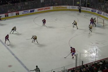 Wilkes-Barre/Scranton Penguins' Dustin Tokarski makes a big save vs. Laval Rocket's Pierrick Dubé