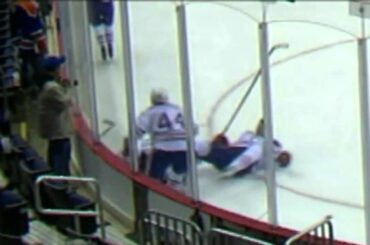 Taylor Hall is cut in the face by a skate in the warm up.