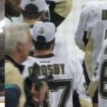 Penguins players react to Phil Kessel hoisting the Stanley Cup