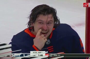 Jonathan Quick cuts off the pass of Connor McDavid to Kailer Yamamoto.