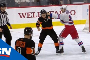 Rangers' Strome Drops Gloves With Flyers' Konecny After Delivering Late Hit