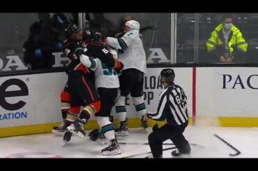 Dylan Gambrell Goes After Rickard Rakell after hit on Radek Simek San Jose Sharks at Anaheim Ducks