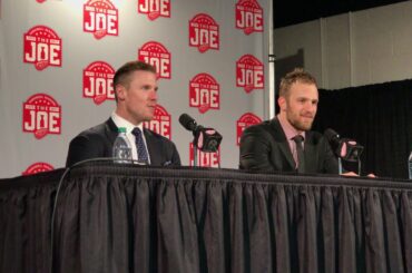 Riley Sheahan and Jimmy Howard (on Riley Sheahan) - Joe Louis Arena finale
