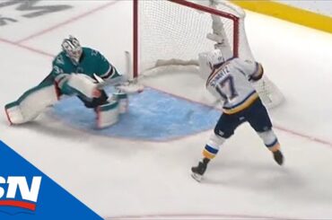 Jaden Schwartz Scores After Puck Takes A Friendly Bounce In Front Of Martin Jones