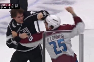 Alex Laferriere slams Logan O'Connor onto the ice after controversial hit