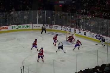 Charlie Lindgren of Laval Rocket makes a glove save vs. Cameron Schilling of Manitoba Moose 2/23/19
