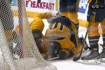 Sissons takes hard fall into net and boards