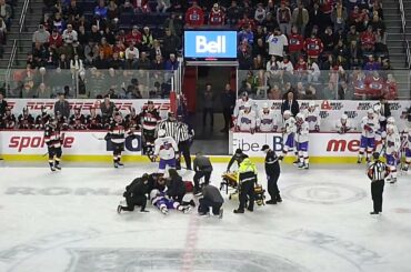 Laval Rocket's Xavier Simoneau gets injured, refs don't blow whistle until he collapses on the ice