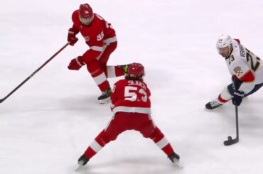 Detroit Red Wings Moritz Seider doin things and hits Florida Panthers Verhaeghe.