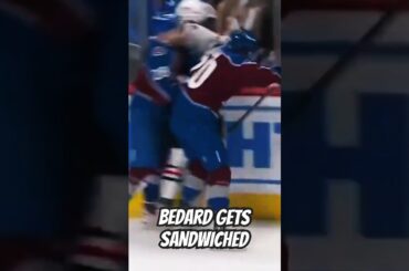 Connor Bedard gets sandwiched by Ross Colton  and Miles Wood #shorts #shortsfeed #nhl