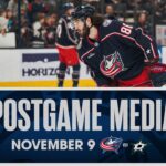 Adam Fantilli, Kirill Marchenko, Boone Jenner, HC Pascal Vincent | Postgame Media (11/9/23)