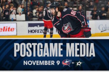 Adam Fantilli, Kirill Marchenko, Boone Jenner, HC Pascal Vincent | Postgame Media (11/9/23)