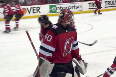 Akira Schmid NJ Devils ON THE GLASS Warmups Before Game 5 vs. NY Rangers